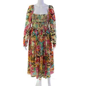 Hemant & Nandita Womens 3/4 Sleeve Smocked Floral Midi Dress Green Multi Medium